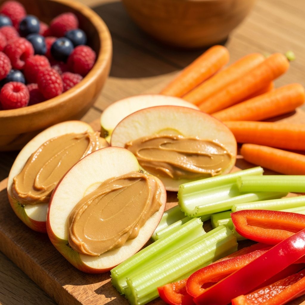 Fresh healthy snacks including apple slices with nut butter, vegetable sticks, and berries