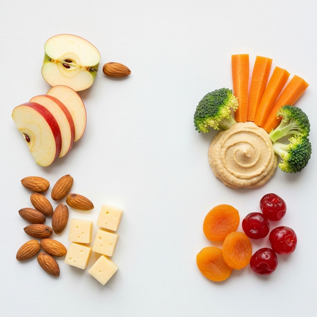 Balanced arrangement of healthy snacks on a white surface