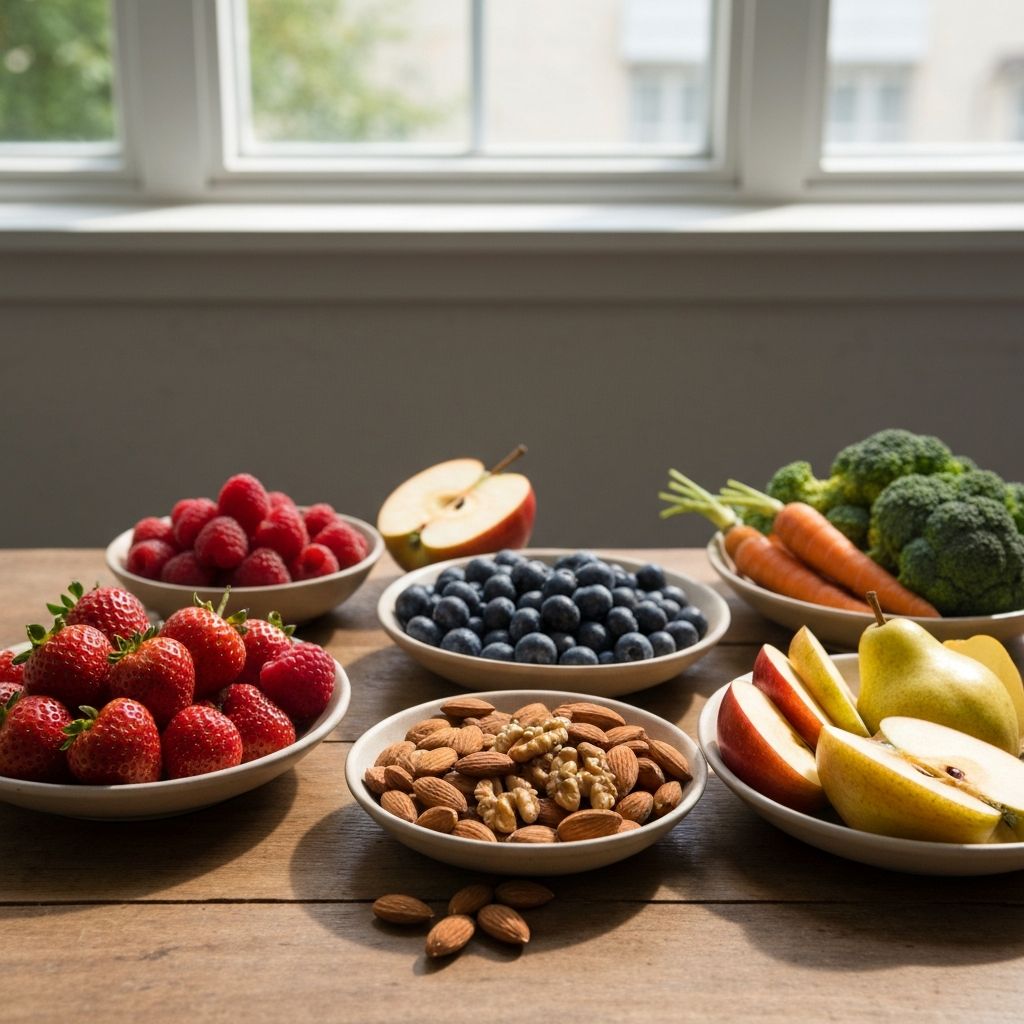 Selection of whole food snacks including fresh berries, nuts, vegetables, and yogurt